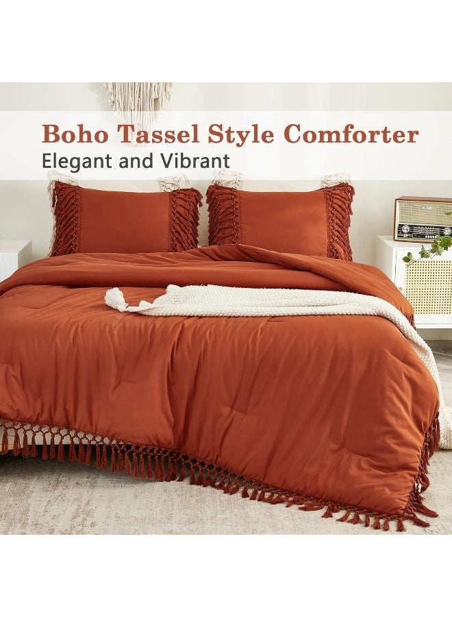 Andency Queen Comforter Set Burnt Orange, 3 Pieces Boho Terracotta Lightweight Fall Bedding Comforter Sets, Tassel Rust Bed Set (90x90In Comforter & 2 Pillowcases) - Image 3